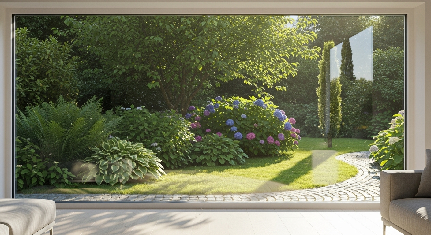 Cửa sổ trong vắt nhờ làm sạch cửa sổ kỹ lưỡng, giúp ánh sáng tự nhiên tràn ngập không gian sống sáng bừng, nhìn rõ khu vườn xanh tươi.
