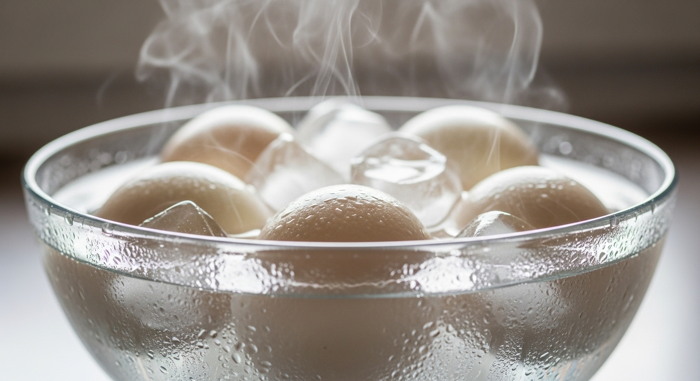 Cận cảnh bát thủy tinh chứa trứng luộc vừa chín đang được làm nguội trong nước đá có vài viên đá nổi, hơi nước nhẹ nhàng bốc lên từ vỏ trứng dưới ánh sáng tự nhiên. Một mẹo vặt nội trợ hữu ích để bóc vỏ trứng dễ dàng.