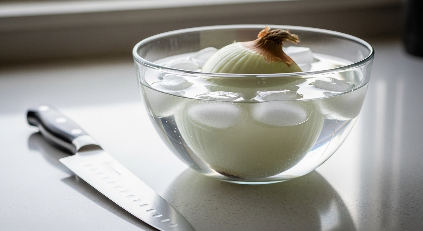 Hành tây bóc vỏ ngâm nước đá cùng dao bếp trên bàn, gợi ý mẹo vặt nhà bếp chống cay mắt.