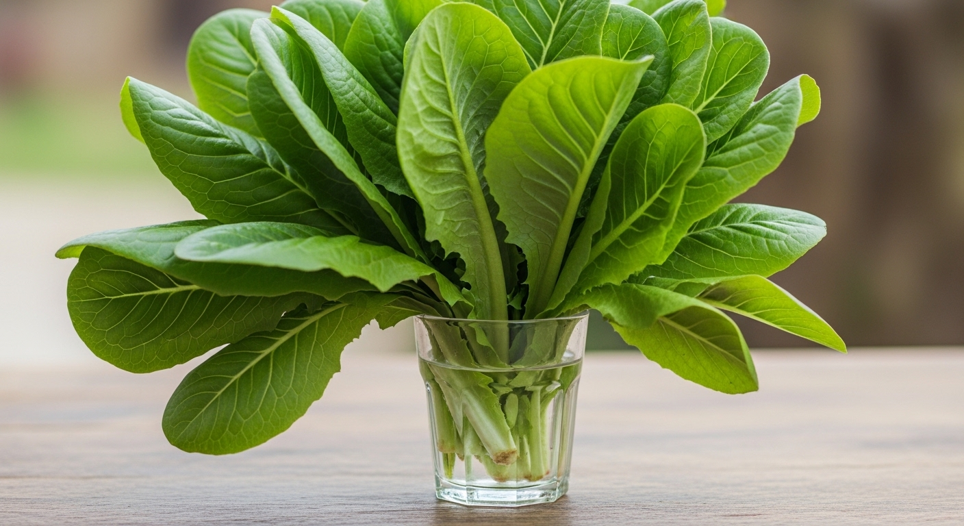 Rau xà lách xanh tươi ngâm trong ly nước trên bàn gỗ mộc, giúp giữ rau giòn lâu.