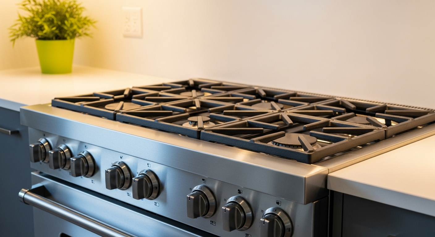 Mặt bếp inox sáng loáng, không tì vết, phản chiếu ánh đèn cùng bàn bếp tinh tươm. Áp dụng mẹo dọn nhà cấp tốc để giữ căn bếp luôn sạch bóng như mới.