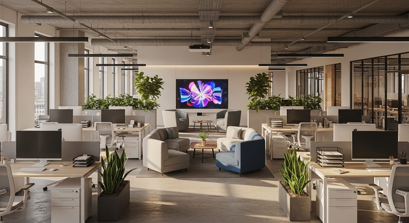 Văn phòng hiện đại không gian mở, tràn ngập ánh sáng tự nhiên, với các trạm làm việc tiện nghi, khu vực cộng tác và mảng xanh tinh tế. Không có nội dung bài viết để phân tích. Văn phòng hiện đại không gian mở, tràn ngập ánh sáng tự nhiên, với các trạm làm việc tiện nghi, khu vực cộng tác và mảng xanh tinh tế. Không có nội dung bài viết để phân tích.