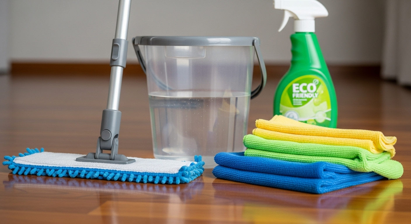 Bộ dụng cụ lau dọn nhà cửa hiện đại (cây lau phun sương, khăn microfiber) gọn gàng trên sàn gỗ, sẵn sàng cho mọi mẹo vặt lau dọn nhà cửa.