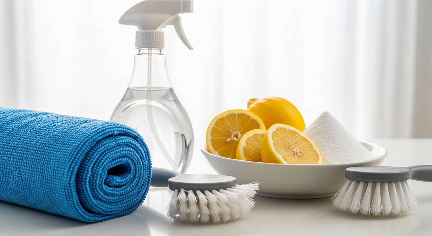 Khăn lau microfiber, bình xịt, bàn chải, chanh và baking soda trên mặt bếp trắng, gợi ý các mẹo dọn nhà tự nhiên và hiệu quả.