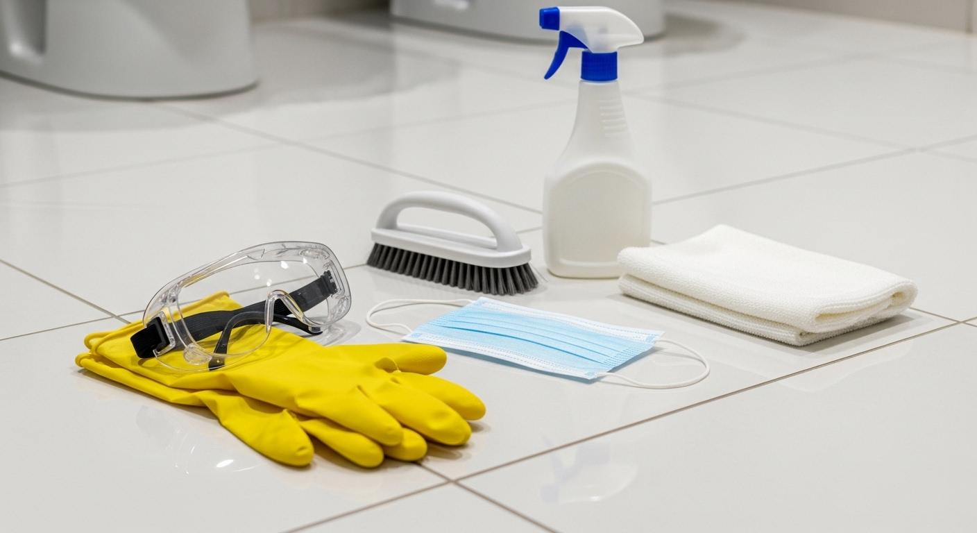 Bộ dụng cụ và đồ bảo hộ cần thiết cho việc vệ sinh ron gạch bao gồm găng tay, kính bảo hộ, khẩu trang, bàn chải chà ron, bình xịt và khăn mềm, đặt gọn gàng trên sàn gạch phòng tắm màu sáng.