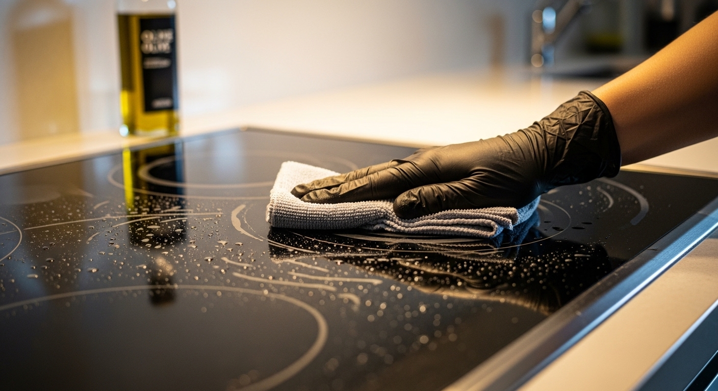 Cận cảnh bàn tay đeo găng nhẹ nhàng lau bếp từ inox sáng bóng bằng khăn mềm, minh họa cách dọn dẹp nhà cửa hiệu quả cho khu vực bếp sạch sẽ, bên cạnh chai dầu ăn.