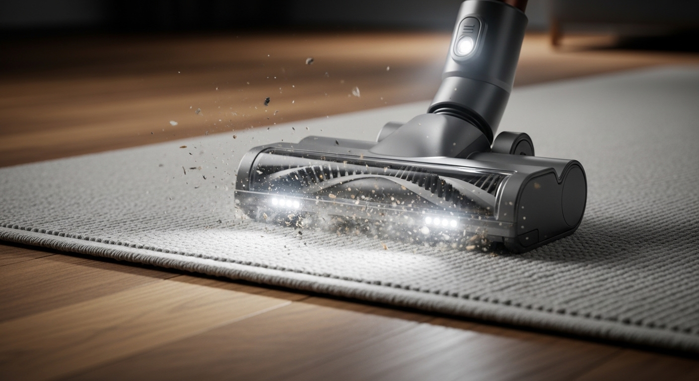Đầu hút máy hút bụi hiện đại đang làm sạch bụi trên thảm lông ngắn màu sáng, cho thấy cách lau nhà nhanh và sạch hiệu quả.