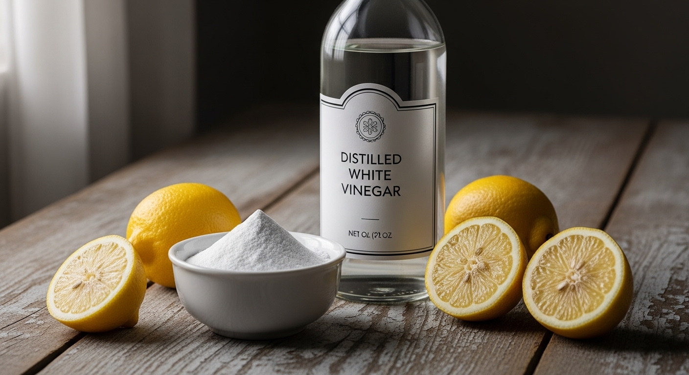 Chai giấm trắng, bột baking soda và chanh tươi trên bàn gỗ, những nguyên liệu tự nhiên cho mẹo lau nhà sạch hiệu quả.