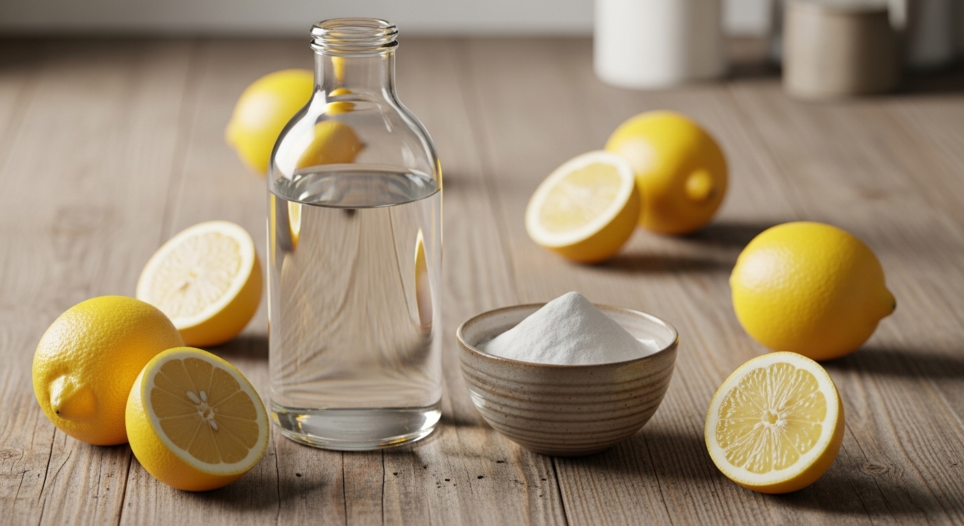 giấm, baking soda và chanh trên bàn gỗ, minh họa mẹo dọn dẹp nhà cửa hiệu quả.