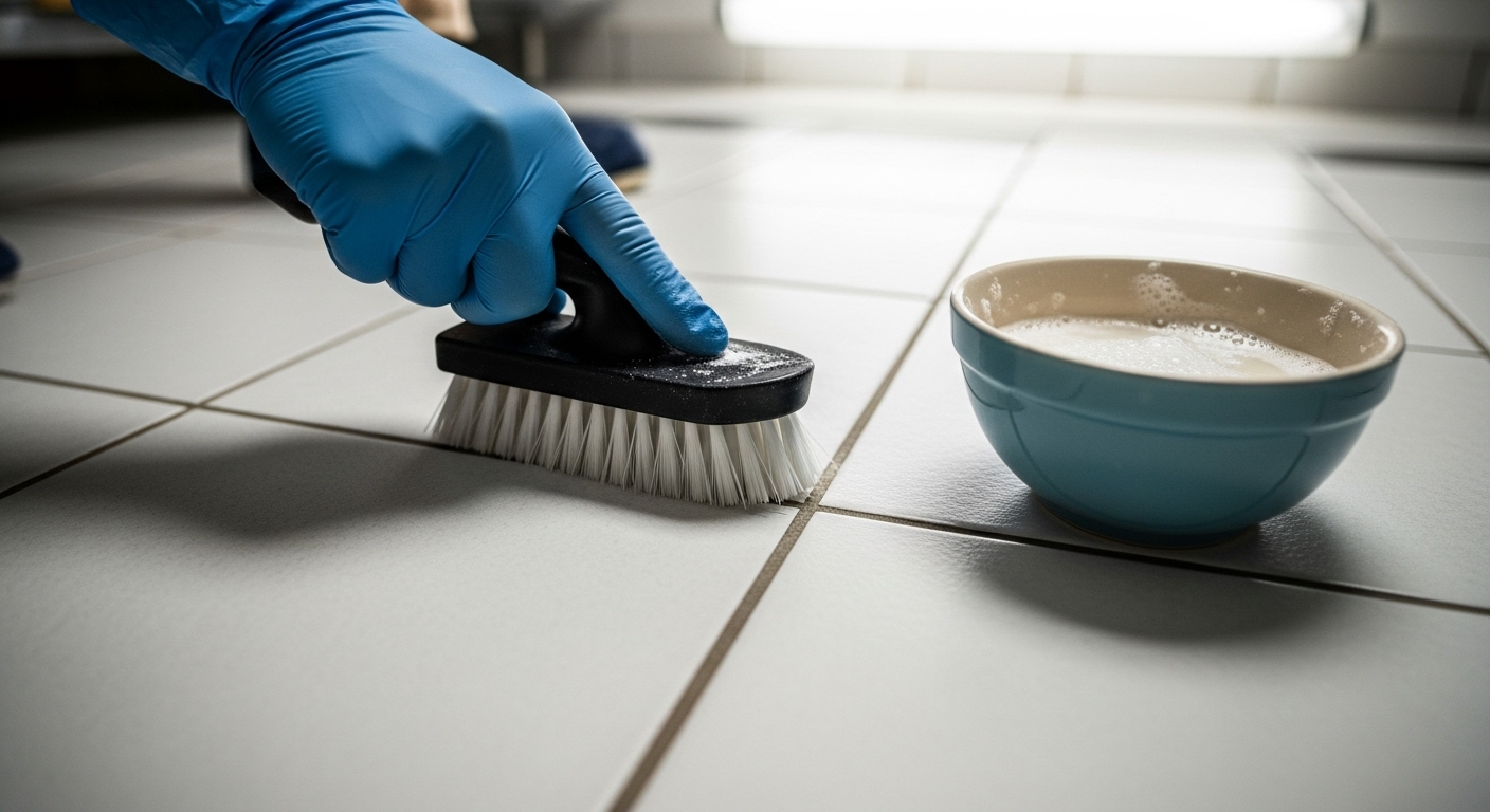 Tay đeo găng dùng bàn chải và dung dịch làm sạch khe gạch trắng, minh họa cách lau nhà sạch bóng hiệu quả.