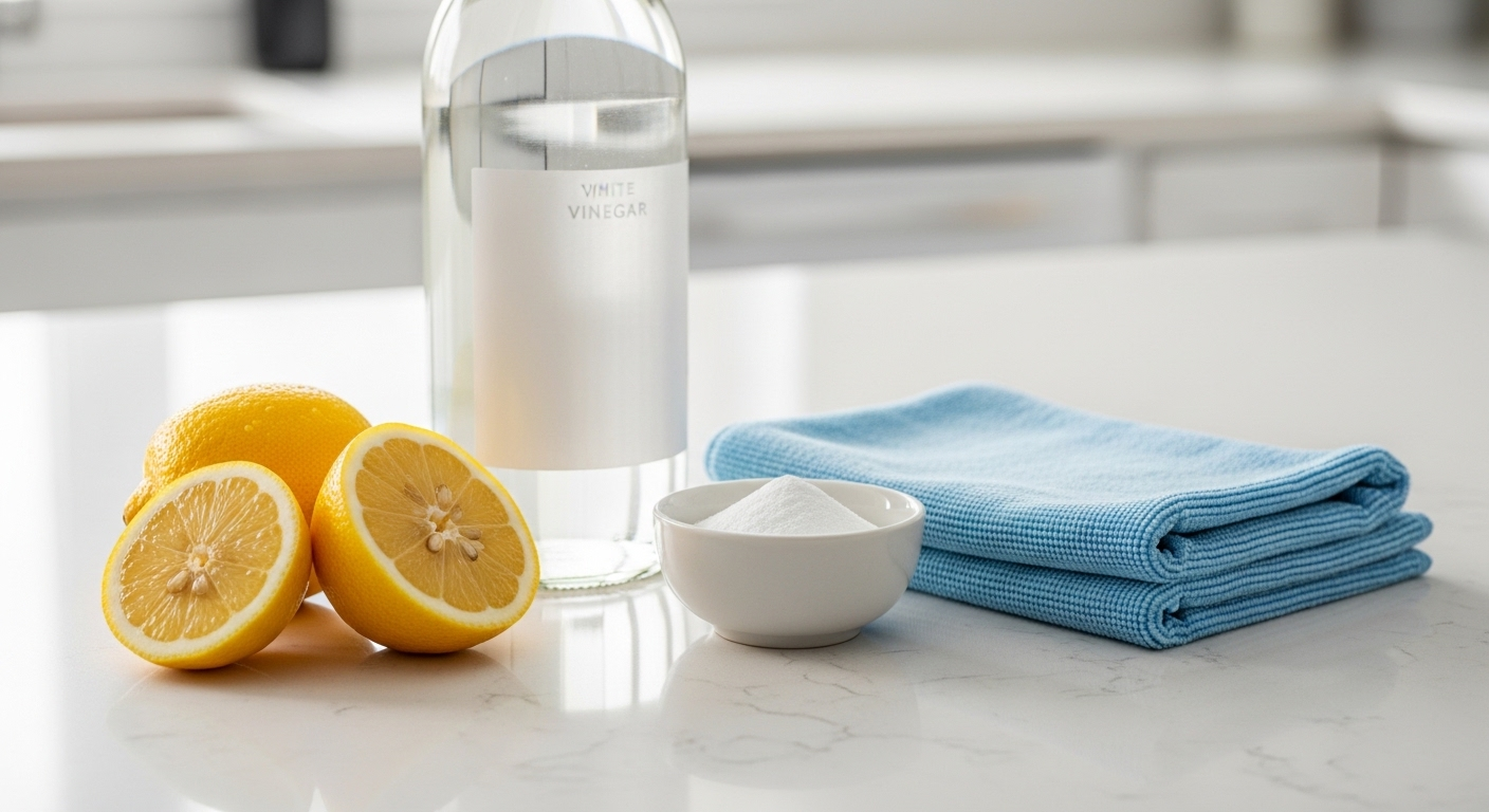 Mặt bếp sạch bóng với chanh, giấm, bột nở và khăn lau, minh họa các mẹo vặt lau dọn nhà cửa nhanh gọn bằng nguyên liệu tự nhiên.