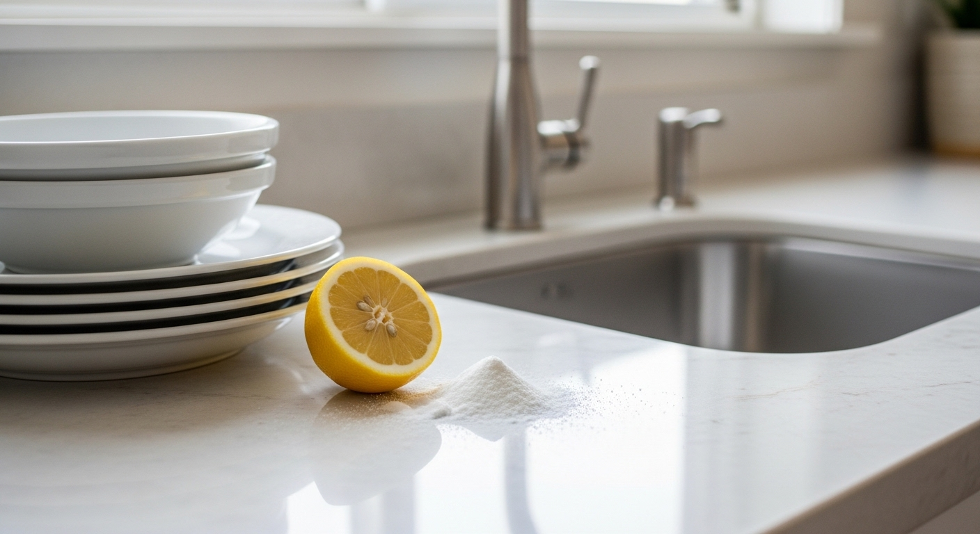 Bàn bếp và bồn rửa inox sáng bóng, chén đĩa gọn gàng cùng chanh, baking soda – gợi ý cho cách vệ sinh nhà cửa luôn sạch đẹp. Bàn bếp và bồn rửa inox sáng bóng, chén đĩa gọn gàng cùng chanh, baking soda – gợi ý cho cách vệ sinh nhà cửa luôn sạch đẹp.