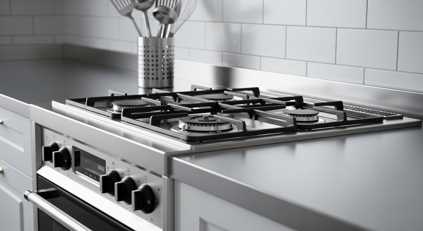 Khu vực bếp gas và bàn bếp inox hiện đại, sáng bóng không tì vết, minh chứng cho cách dọn dẹp nhà cửa hiệu quả và ngăn nắp.