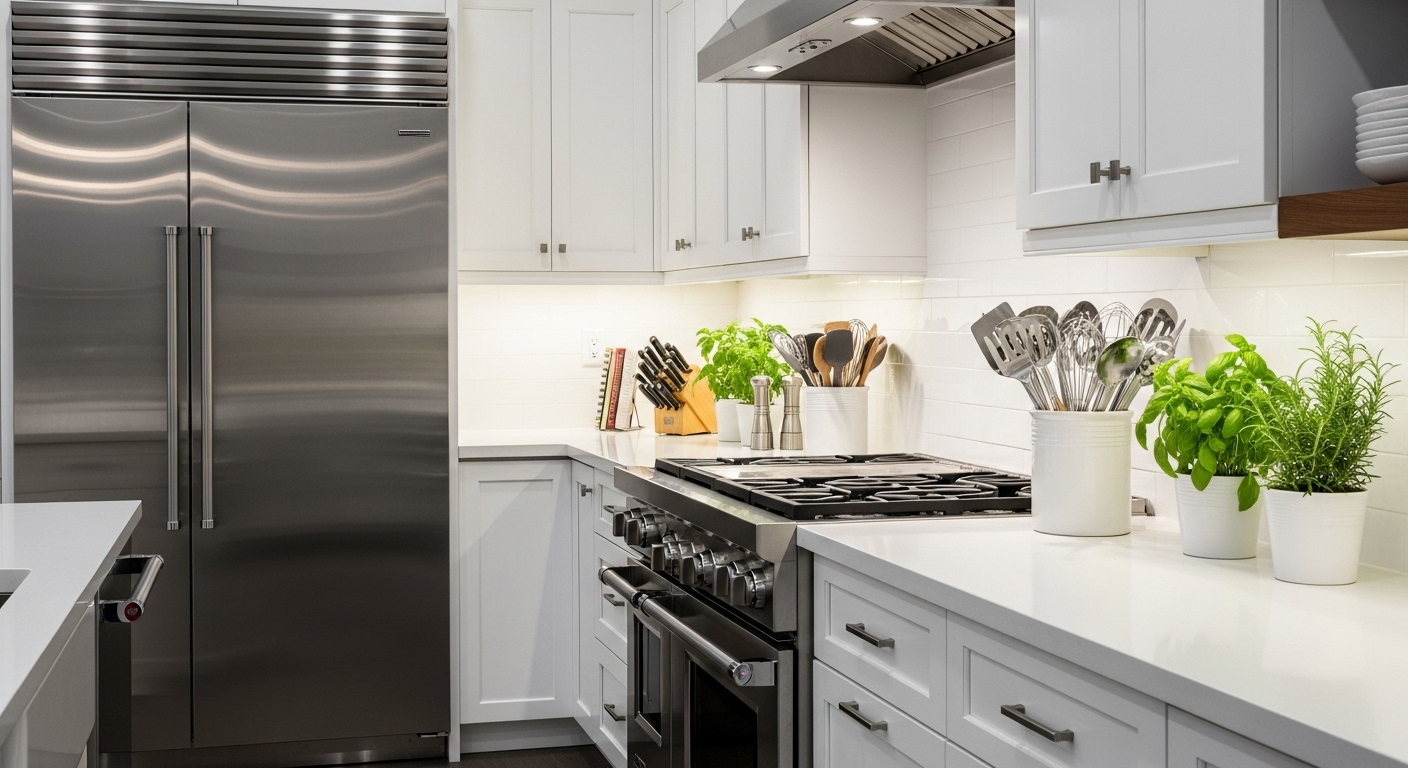 Gian bếp hiện đại sạch tinh tươm, sáng bóng với thiết bị thép không gỉ và mặt bàn trắng, sẵn sàng đón Tết nhờ việc dọn nhà đón Tết tỉ mỉ. Dụng cụ bếp và thảo mộc xanh được sắp xếp gọn gàng.