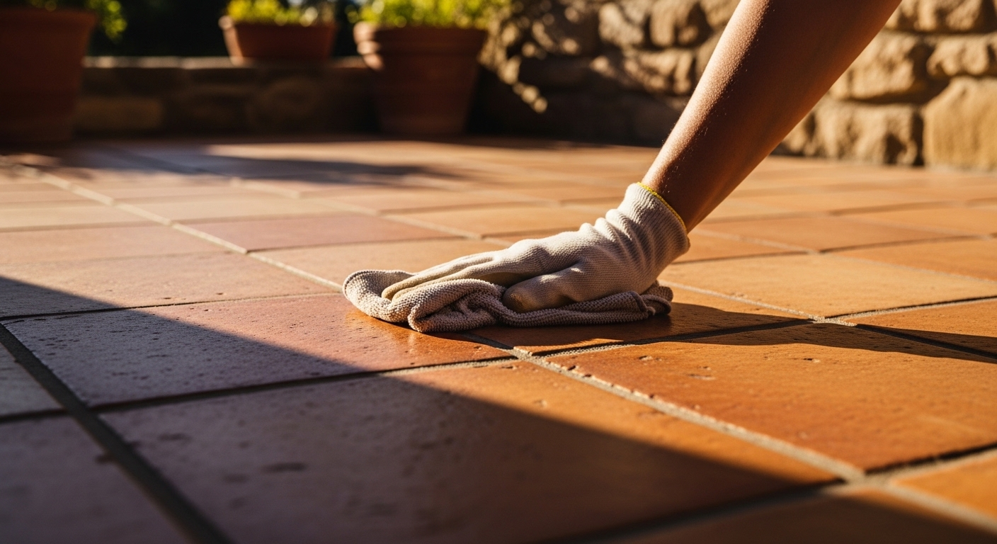 Cận cảnh bàn tay đeo găng nhẹ nhàng vệ sinh sàn gạch terracotta tông ấm trên sân mộc bằng khăn microfiber mềm.