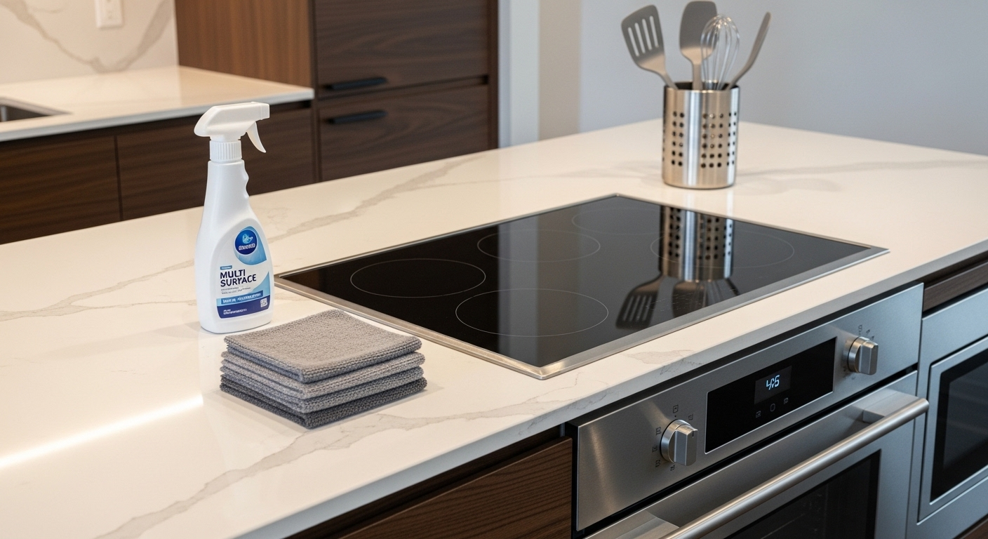Bàn bếp hiện đại sạch bóng với dụng cụ vệ sinh, minh họa mẹo dọn dẹp nhà cửa nhanh chóng hiệu quả.