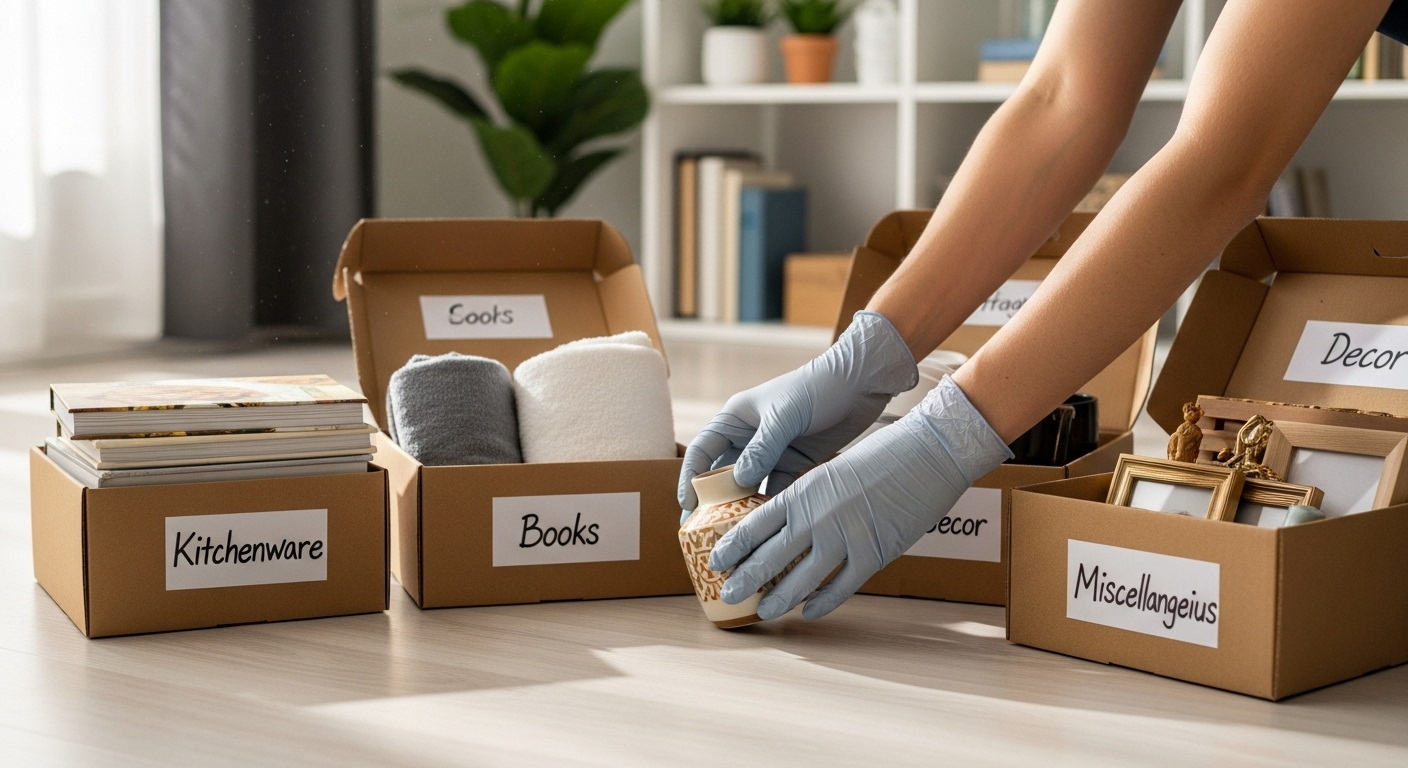 Đôi tay đeo găng cẩn thận sắp xếp vật dụng gia đình vào các thùng carton có nhãn, đang dọn nhà đón Tết gọn gàng.