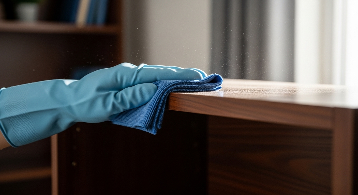 Bàn tay đeo găng dùng khăn microfiber xanh nhẹ nhàng lau bụi kệ sách gỗ, minh họa mẹo vặt dọn dẹp nhà cửa giúp không gian sống luôn sạch sẽ.
