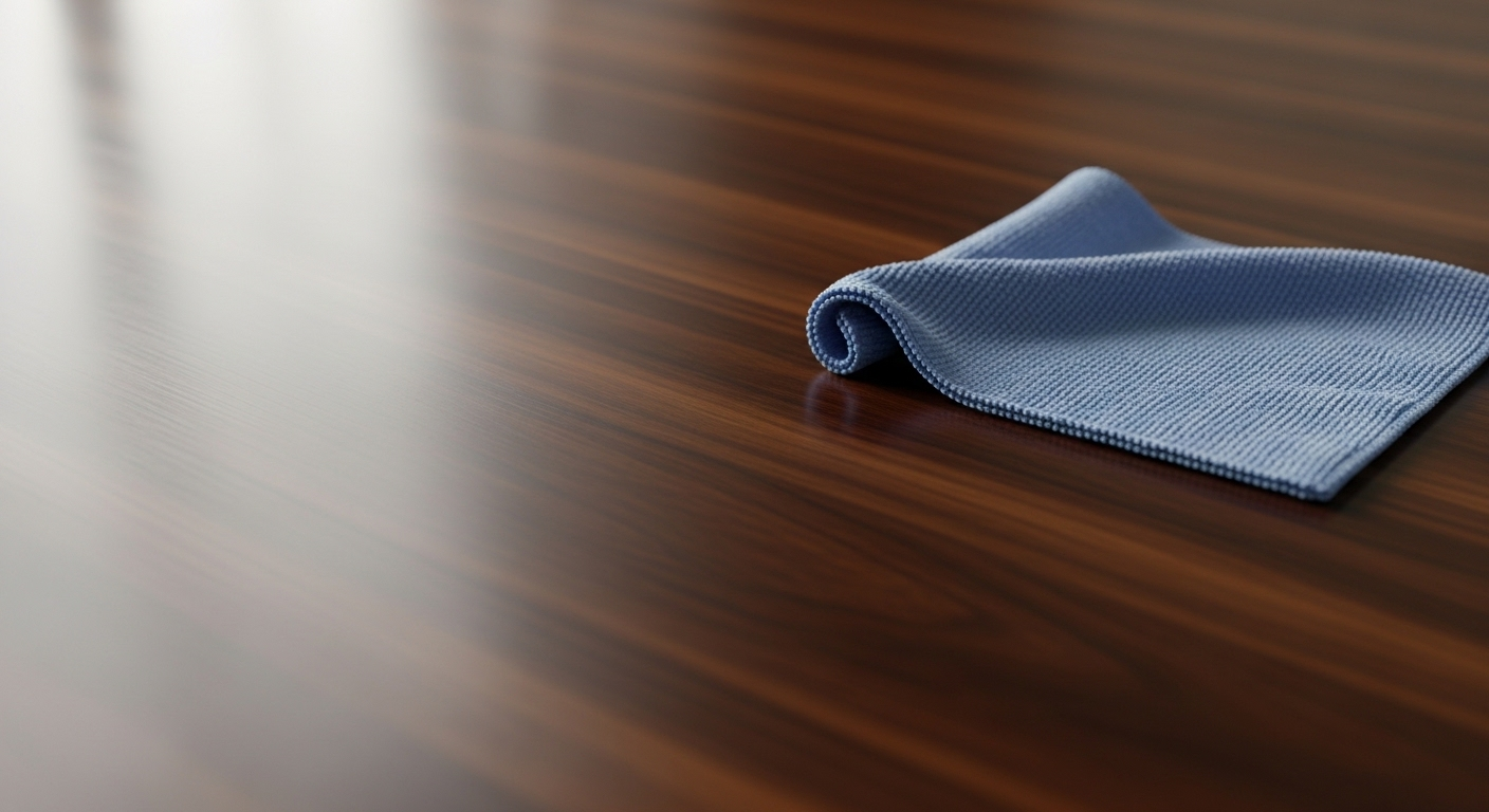 Cận cảnh mặt bàn gỗ tối màu sạch bóng được lau nhẹ bằng khăn microfiber xanh nhạt, thể hiện mẹo giữ nhà sạch lâu hiệu quả.