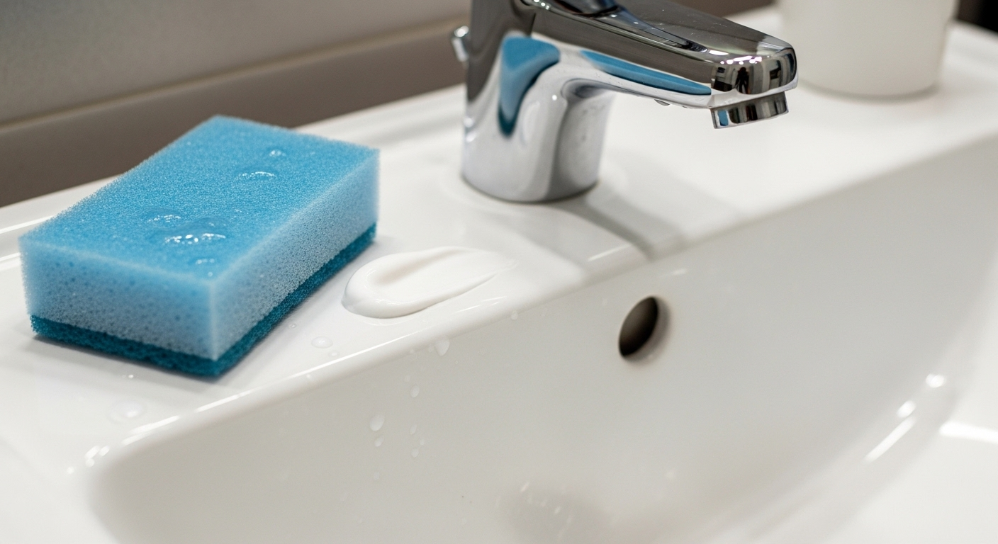 Kem đánh răng trên bồn rửa mặt sứ trắng tinh, sẵn sàng với miếng bọt biển để làm sạch, tạo không gian sáng bóng.