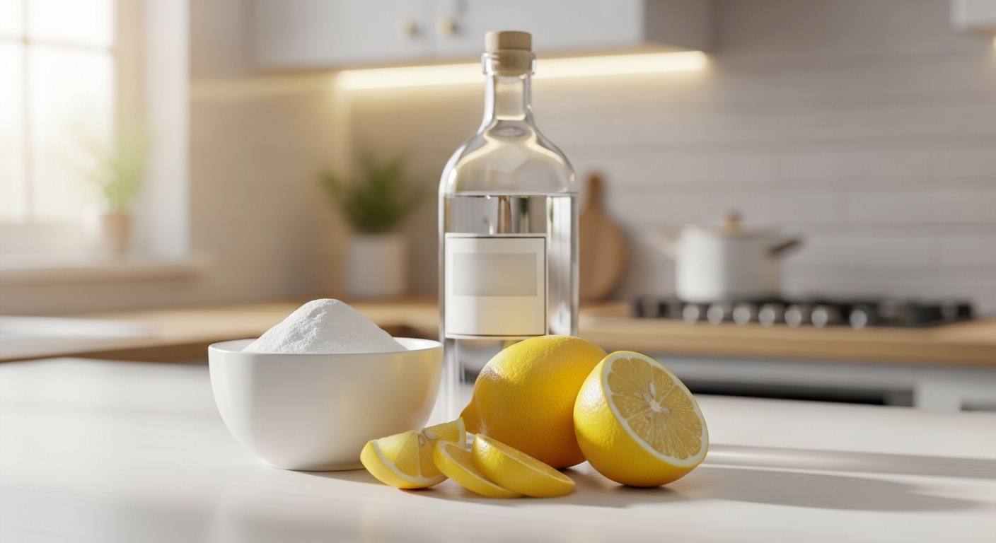 Mẹo dọn nhà hiệu quả với các nguyên liệu tự nhiên như baking soda, chanh cắt lát và giấm trắng trên bàn bếp sạch sẽ, hiện đại.