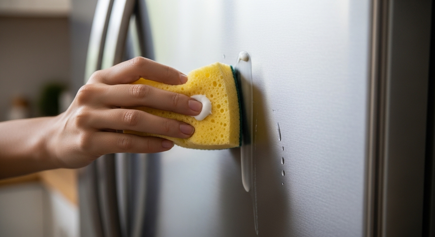 Tay dùng bọt biển thoa kem đánh răng lên cửa tủ lạnh inox, minh họa mẹo làm sạch đồ dùng trong nhà hiệu quả cho các vết bẩn cứng đầu.