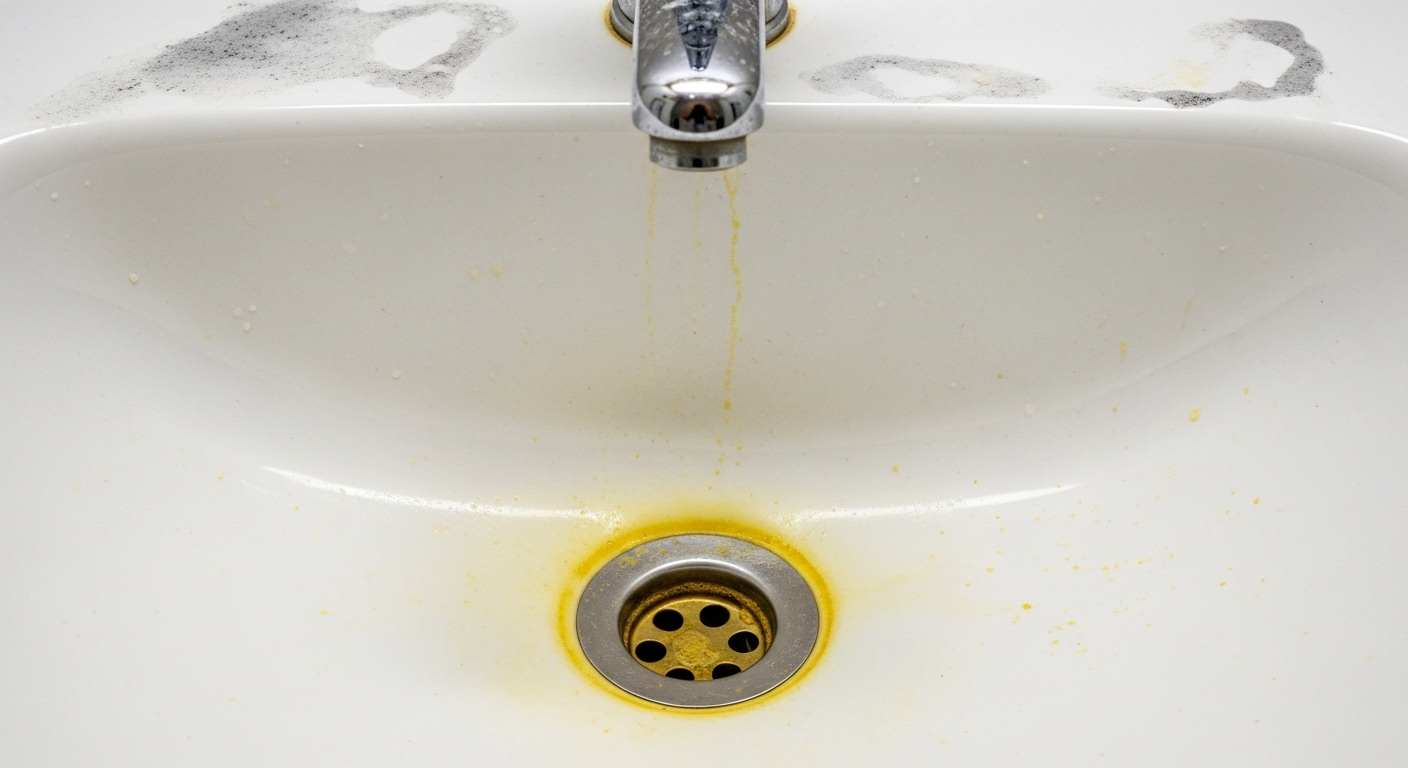 Chậu rửa phòng tắm sứ trắng bám đầy cặn ố vàng, xà phòng và vòi nước xỉn màu, minh họa rõ nét nhu cầu tìm kiếm cách làm sạch phòng tắm hiệu quả.