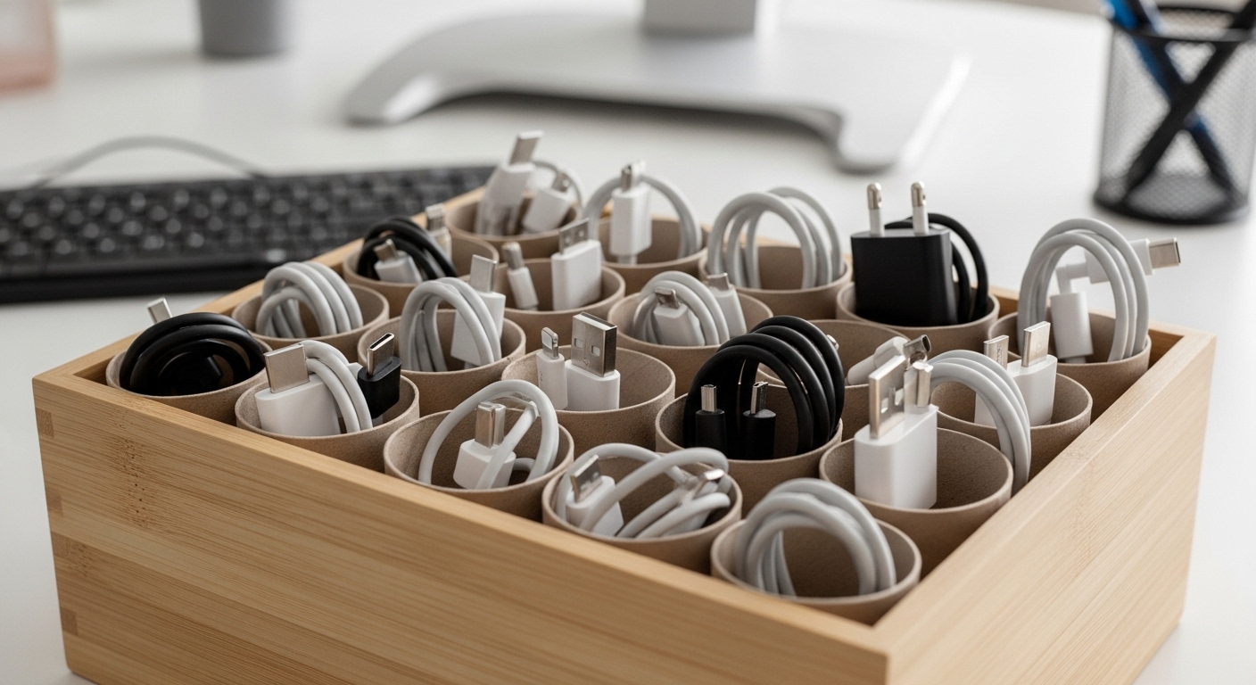 Cáp sạc và dây điện được cuộn gọn gàng trong lõi giấy vệ sinh, đặt trong hộp gỗ trên bàn làm việc. Đây là một mẹo vặt cuộc sống giúp sắp xếp không gian ngăn nắp.