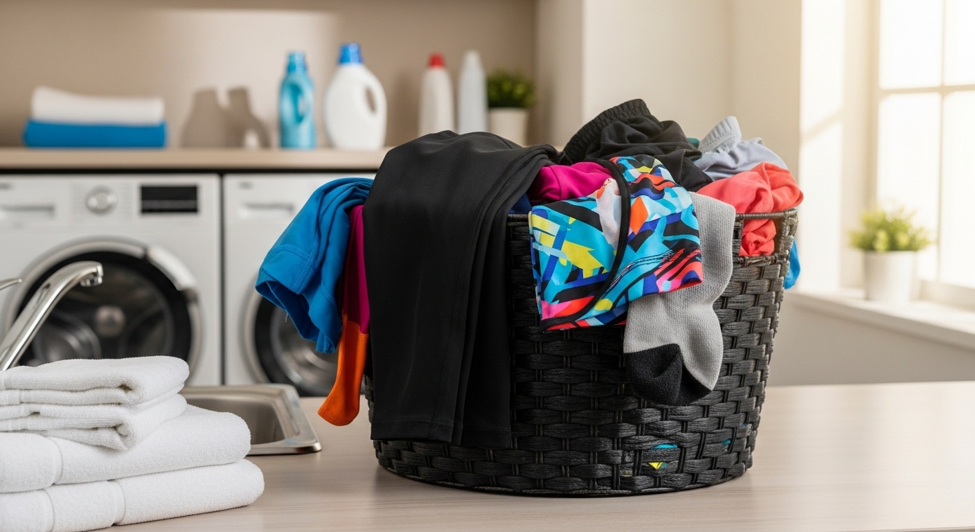 Một giỏ đầy quần áo tập gym chất liệu polyester, spandex đã qua sử dụng (quần legging đen, áo thể thao nhiều màu), sẵn sàng cho quy trình cách giặt quần áo tập gym hiệu quả.