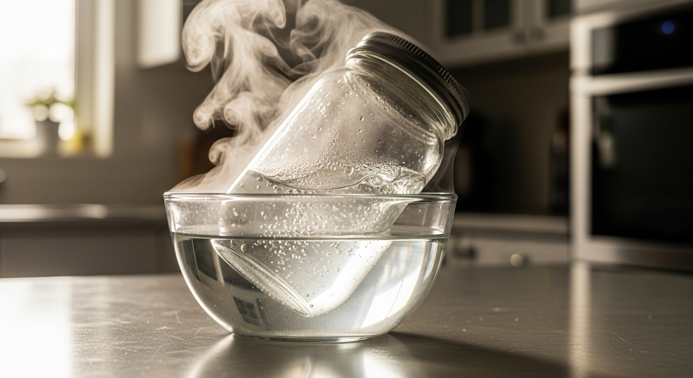 Lọ thủy tinh úp ngược trong bát nước nóng bốc hơi trên bàn bếp, minh họa mẹo vặt cuộc sống hữu ích.