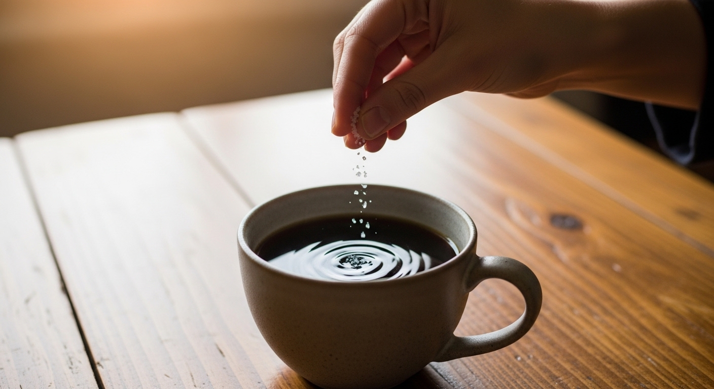 Bàn tay tinh tế thả muối vào ly cà phê đen đặt trên bàn gỗ, một mẹo vặt cuộc sống giúp tăng hương vị cà phê. Bàn tay tinh tế thả muối vào ly cà phê đen đặt trên bàn gỗ, một mẹo vặt cuộc sống giúp tăng hương vị cà phê.