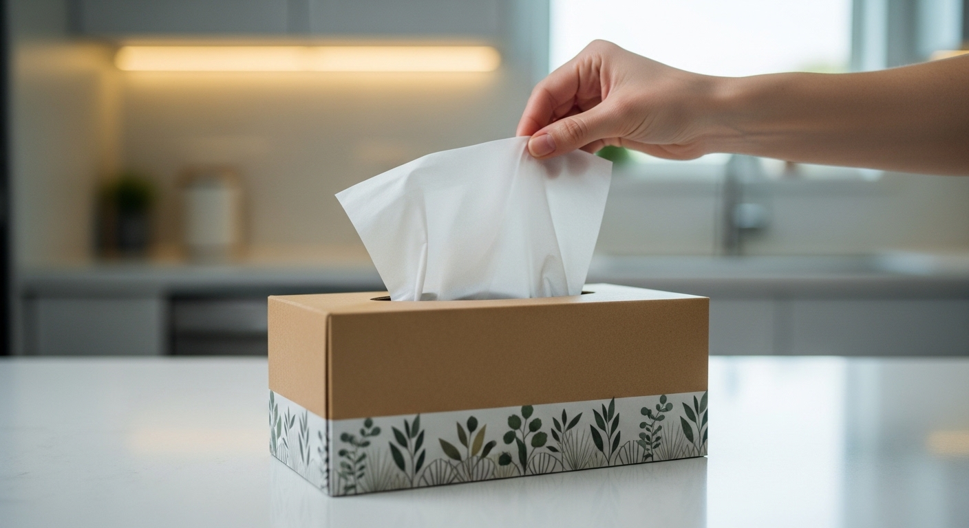 Tay đang lấy túi ni lông đã gấp gọn từ hộp khăn giấy tái chế đặt trên bàn bếp hiện đại. Một mẹo vặt sắp xếp đồ dùng nhà bếp gọn gàng và tiện lợi.