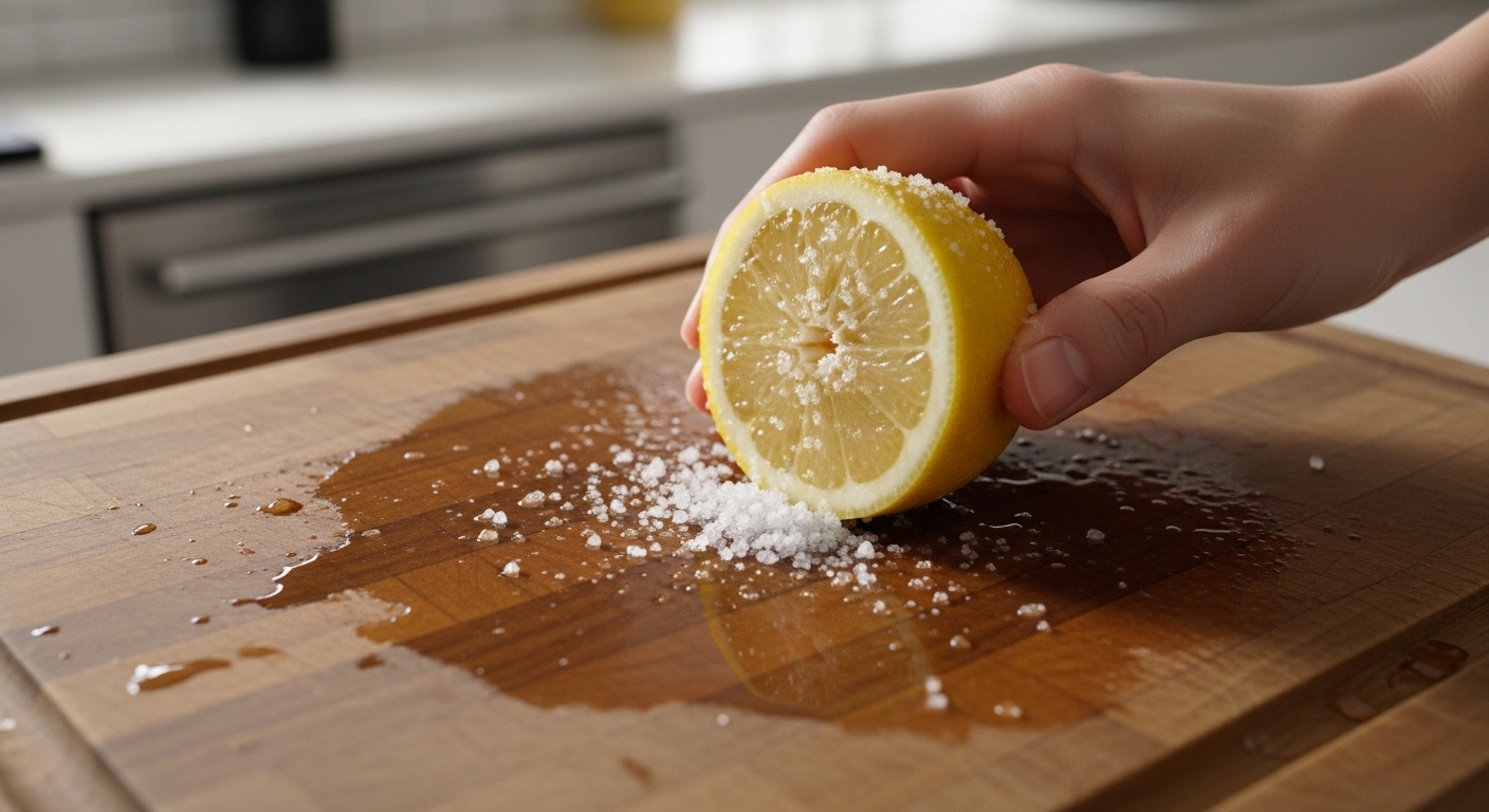 Thớt gỗ mộc mạc đang được cọ rửa bằng nửa quả chanh và muối biển hạt, với giọt nước lấp lánh trên bề mặt.