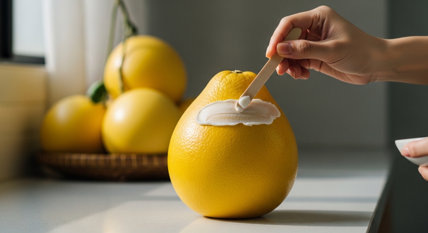 Bàn tay thoa lớp vôi mỏng lên bưởi Diễn vàng óng, một kỹ thuật bảo quản truyền thống hiệu quả, tương tự như các phương pháp cổ xưa để bảo quản thịt lợn không cần tủ lạnh.