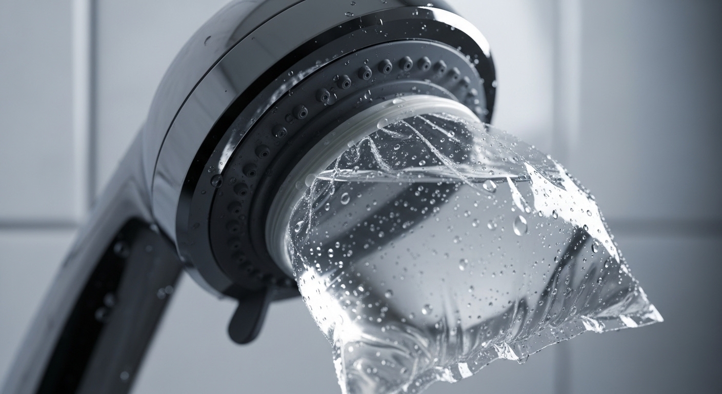 Cận cảnh vòi sen mạ crôm đang được làm sạch bằng túi giấm buộc chặt, với giọt nước ngưng tụ trên túi. Đây là một mẹo vặt cuộc sống hiệu quả để tẩy cặn.