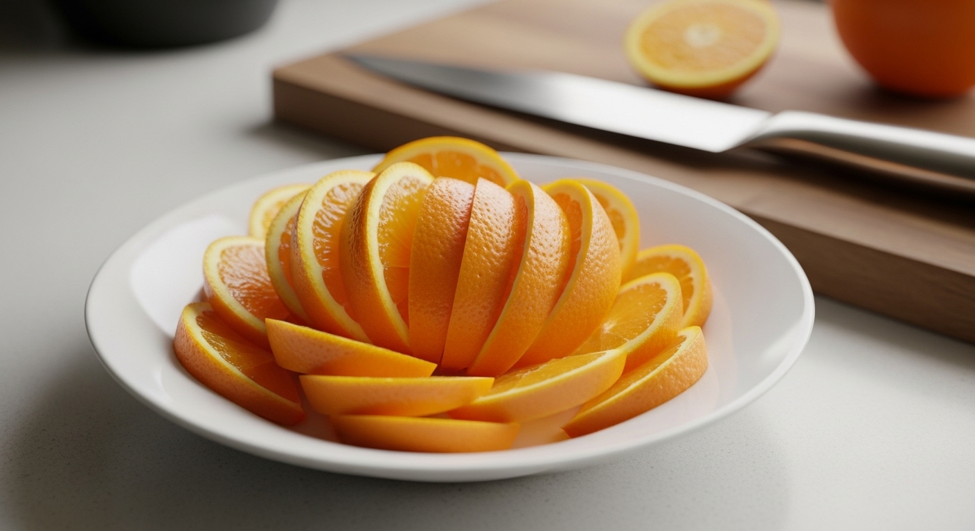 Những lát cam tươi sắp xếp đẹp mắt trên đĩa trắng, kèm dao bếp và thớt gỗ. Một mẹo vặt cuộc sống để trang trí món ăn hấp dẫn.