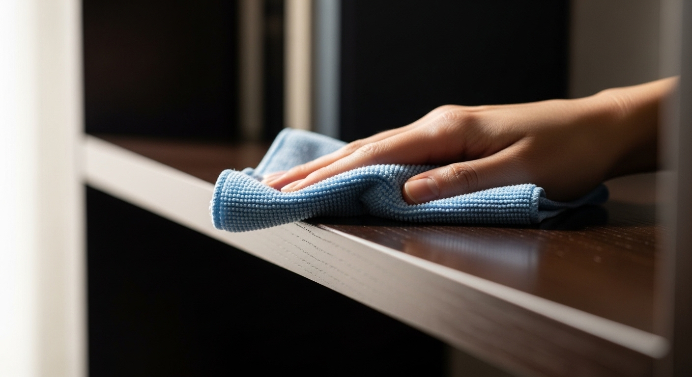 Bàn tay nhẹ nhàng dùng khăn microfiber xanh nhạt lau sạch bề mặt kệ gỗ đen bóng, thể hiện việc làm sạch không gian sống.