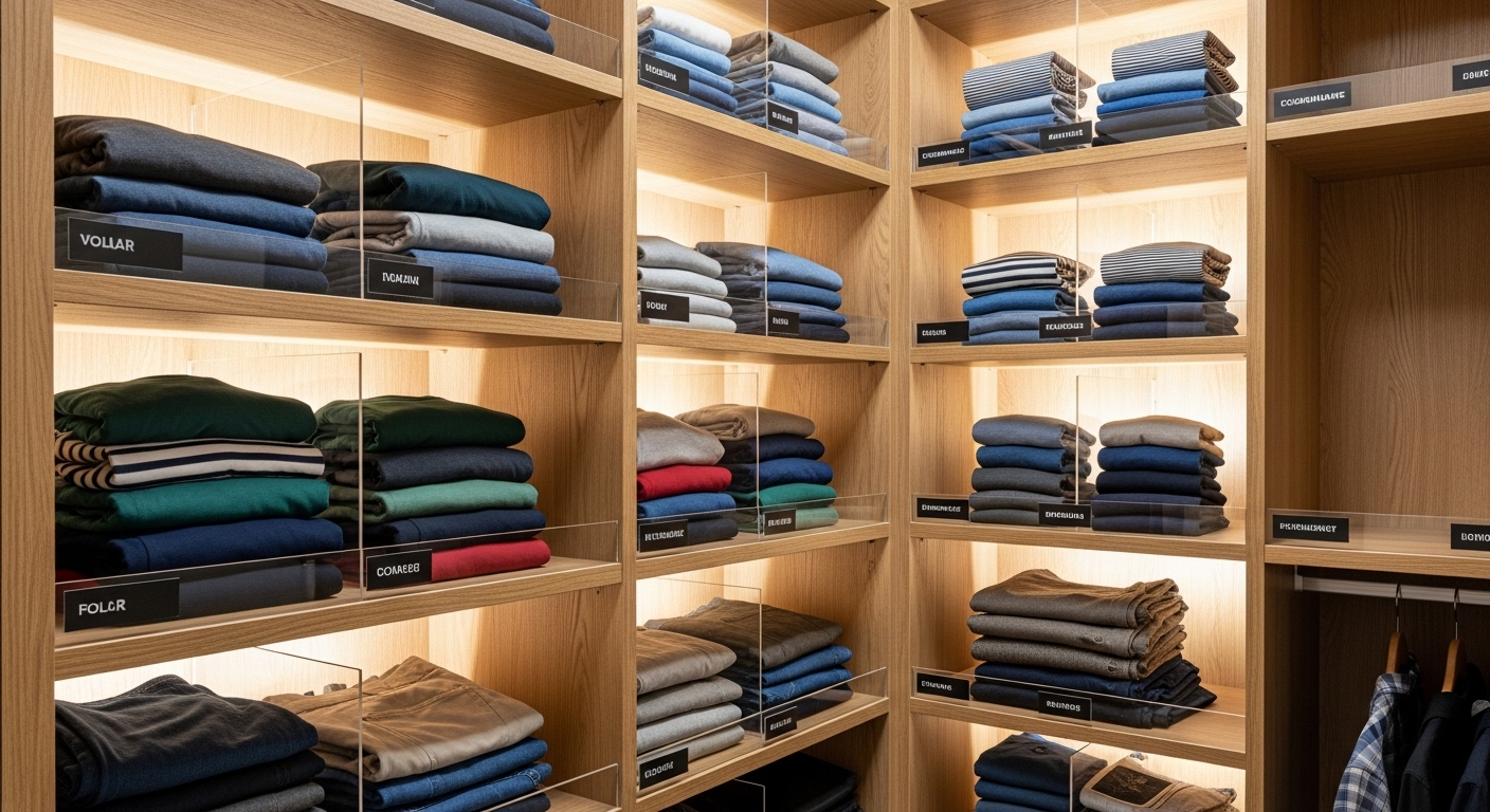 Tủ quần áo hiện đại, gọn gàng với kệ gỗ mở. Áo thun và quần được cuộn xếp ngay ngắn trong các ngăn trong suốt có nhãn, minh họa mẹo vặt cuộc sống giúp tổ chức không gian hiệu quả.