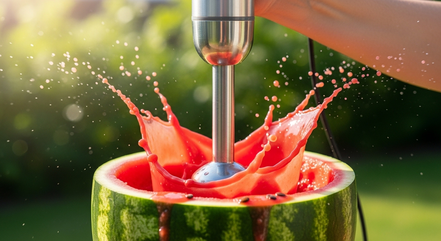 Tay dùng máy xay cầm tay xay sinh tố dưa hấu đỏ rực ngay trong vỏ quả lớn, tạo thức uống giải nhiệt mùa hè trong khung cảnh ngoài trời tươi sáng.