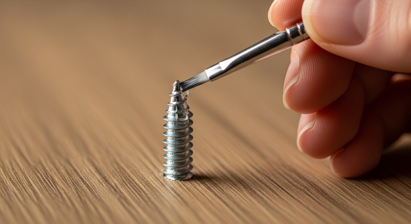 Cận cảnh bàn tay phủ sơn bóng lên ren ốc vít bạc trên gỗ, một mẹo vặt cuộc sống giúp cố định và chống rỉ sét hiệu quả.