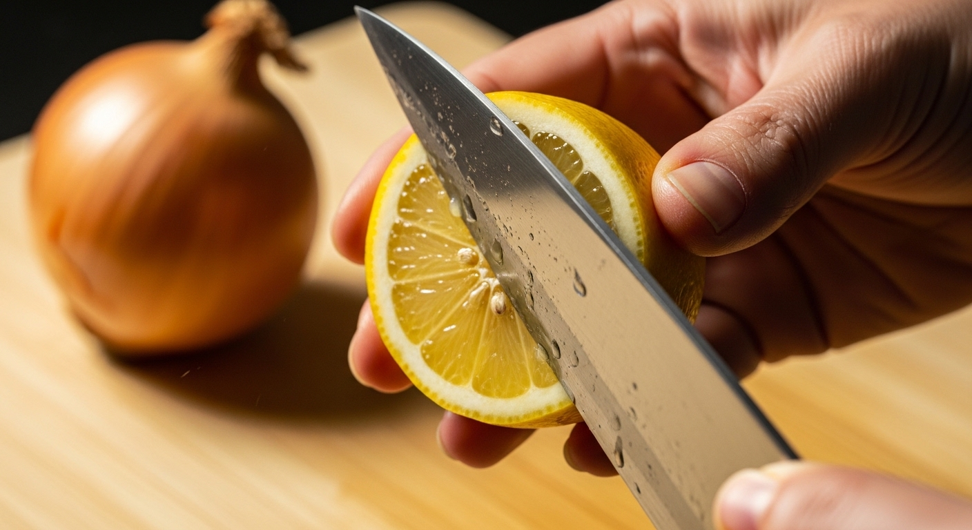 Bàn tay dùng nửa quả chanh vàng chà lên lưỡi dao bếp sáng bóng, minh họa mẹo vặt cuộc sống làm sạch dao. Hành tây trên thớt gỗ mờ ở hậu cảnh.