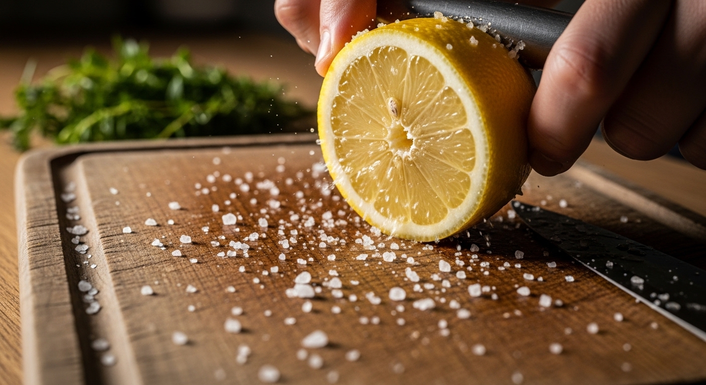 làm sạch thớt gỗ mộc mạc bằng nửa quả chanh vàng và muối rắc trên bề mặt, với nền bếp mờ và vài loại rau thơm.