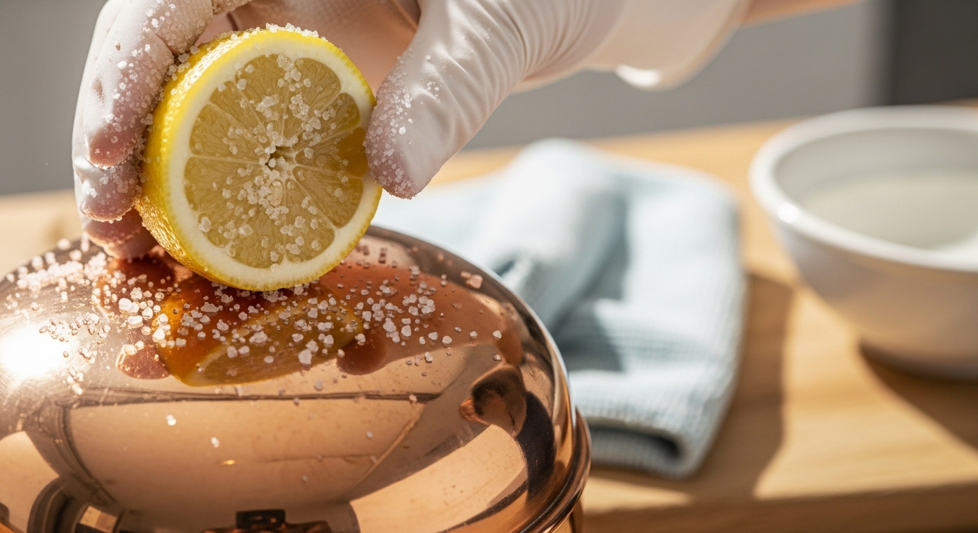 Bàn tay đeo găng dùng chanh và muối chà lên bình đồng cổ, làm sáng bóng rõ rệt. Một mẹo vặt gia đình hiệu quả để đánh bóng và làm sạch đồ đồng.