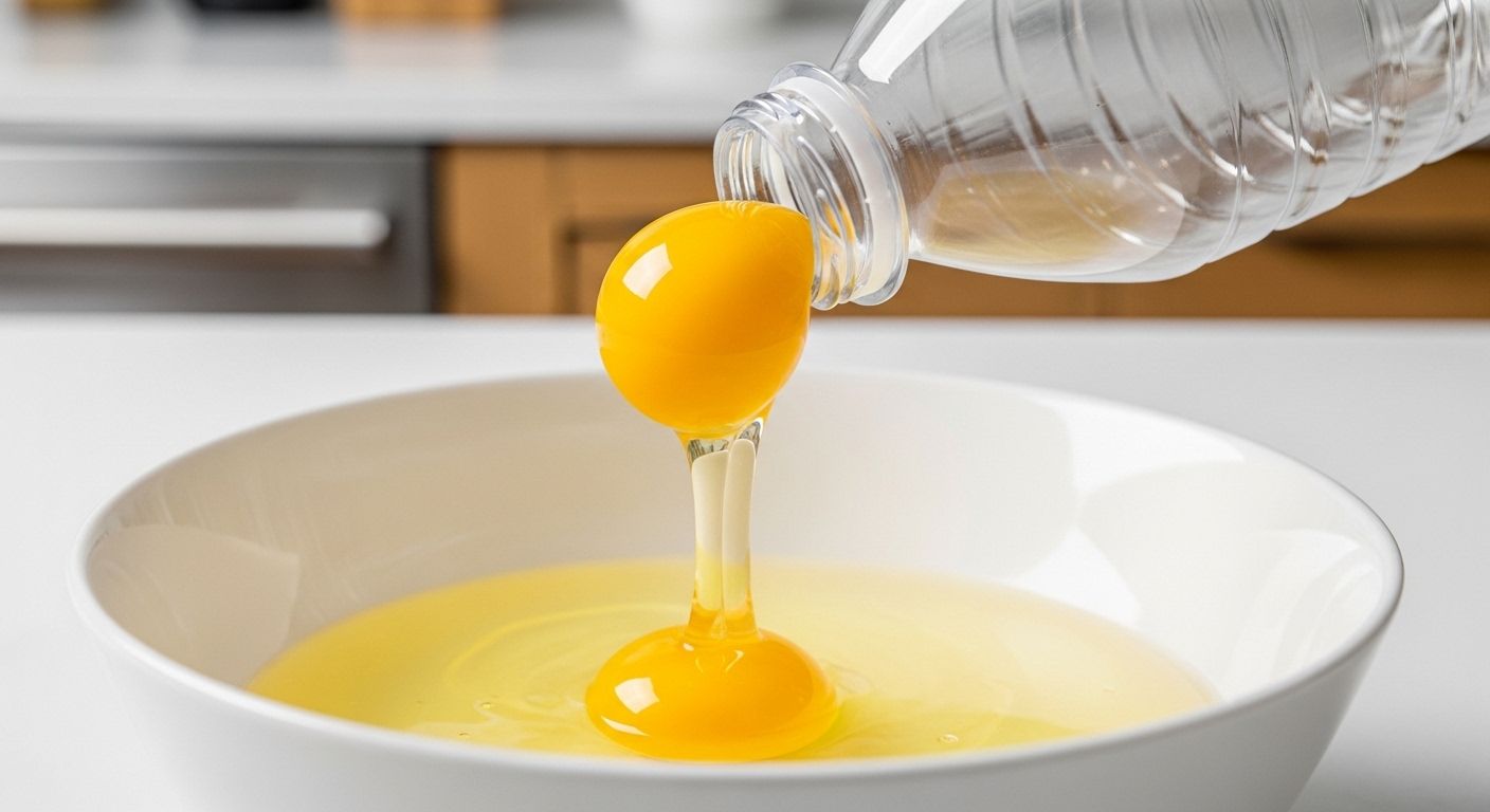 Tách lòng đỏ trứng vàng tươi từ lòng trắng trong bát sứ bằng cách hút nhẹ vào chai nhựa rỗng trên bàn bếp hiện đại.