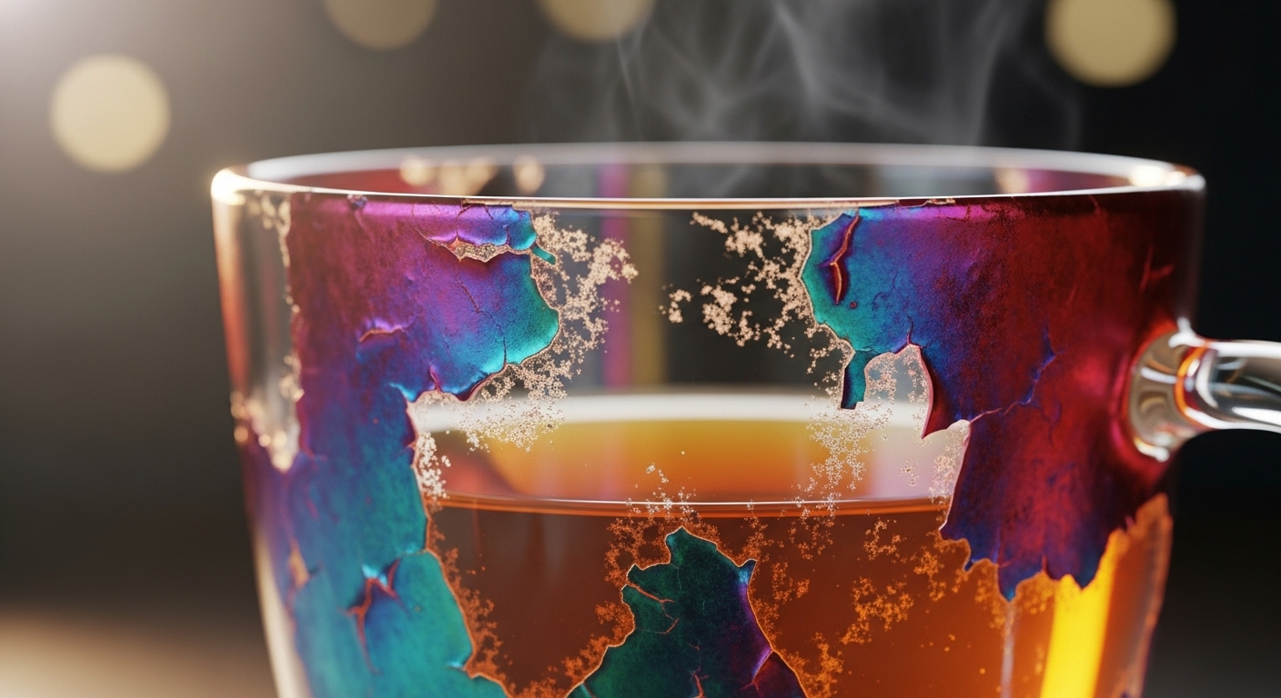 Cận cảnh cốc đựng nước sôi bằng thủy tinh trong suốt với lớp phủ màu bên ngoài đã phai và bong tróc, lộ ra phần thủy tinh nguyên bản, chứa đồ uống ấm áp.