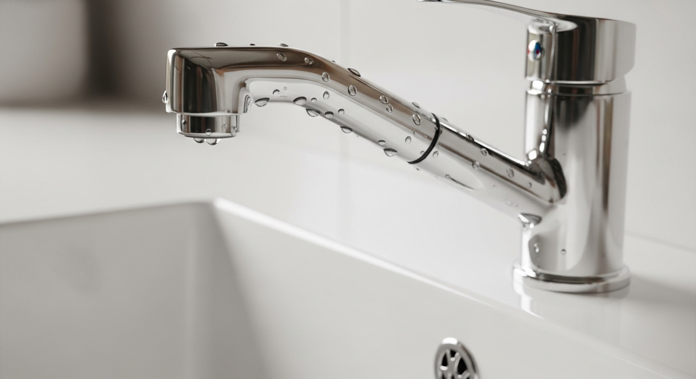 Vòi rửa chén inox bóng loáng với giọt nước, bồn sứ trắng tinh thể hiện vệ sinh nhà bếp sạch sẽ.