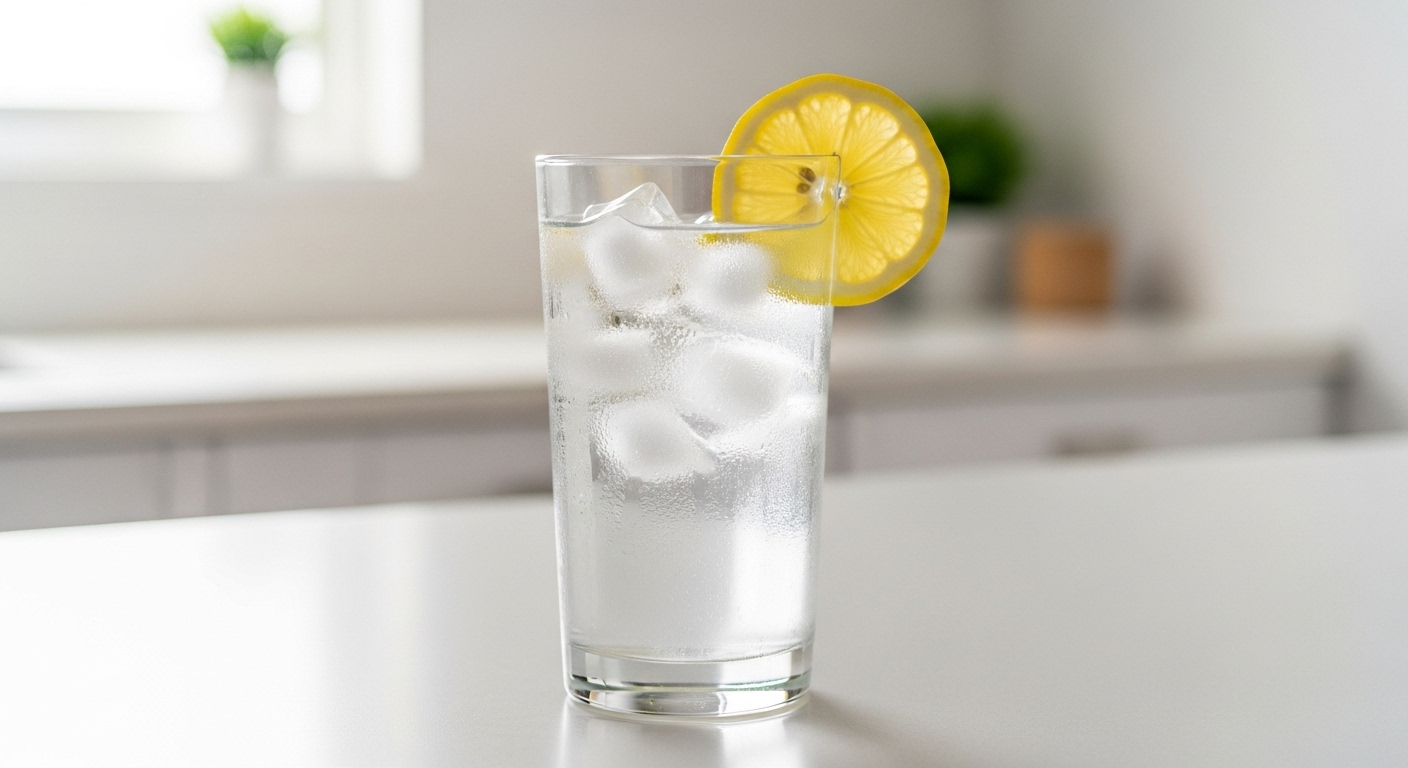 Ly nước tinh khiết chanh đá mát lạnh trên bàn trắng tối giản. Uống đủ nước mỗi ngày là chìa khóa để cơ thể khỏe mạnh, hỗ trợ tiêu hóa và duy trì tần suất hợp lý, giúp bạn hiểu rõ đi vệ sinh trong bao lâu là hợp lý.