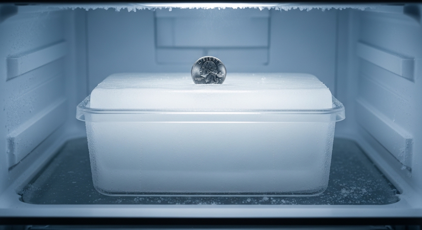 Một đồng xu bạc nằm phẳng trên khối băng sạch trong hộp nhựa trong suốt, bên trong ngăn đông tủ lạnh gia đình. Hình ảnh này minh họa mẹo bỏ đồng xu vào tủ lạnh giúp kiểm tra tình trạng mất điện và bảo quản thực phẩm.