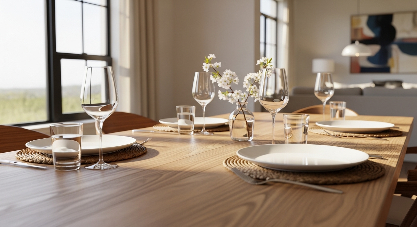 Bàn ăn gỗ tự nhiên tinh tế với vân gỗ độc đáo, được chiếu sáng ấm áp trong không gian hiện đại và ấm cúng. Đây là ví dụ hoàn hảo về nội thất đương đại, khác biệt hoàn toàn với đồ nội thất lỗi thời, được bày biện đơn giản với bát đĩa trắng trang nhã.