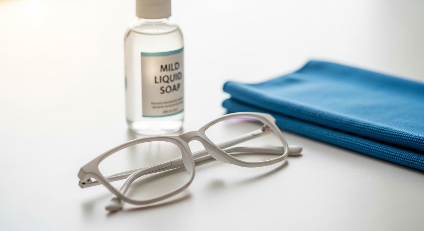 chai xà phòng lỏng, khăn microfiber xanh và kính mắt sạch sẽ. Đây là bộ dụng cụ thiết yếu giúp bảo quản kính bền đẹp, đồng thời hỗ trợ áp dụng các mẹo xử lý kính trầy xước hiệu quả.